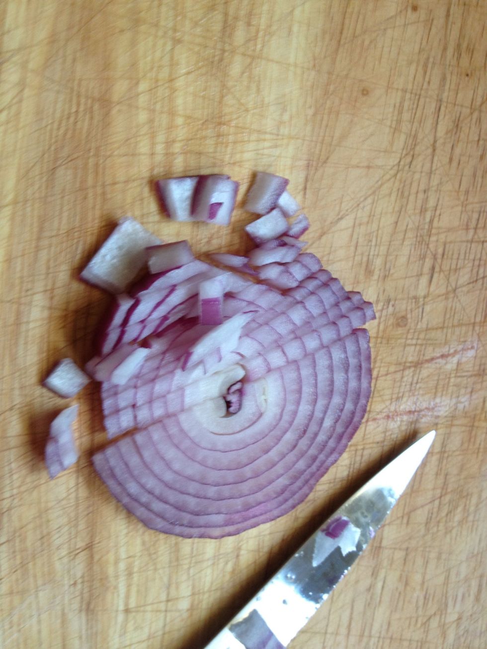Cut your red onion into small squares. Depending on how much you are making, find a good ratio. Start small and try if you need more. But you don't want to over power it
