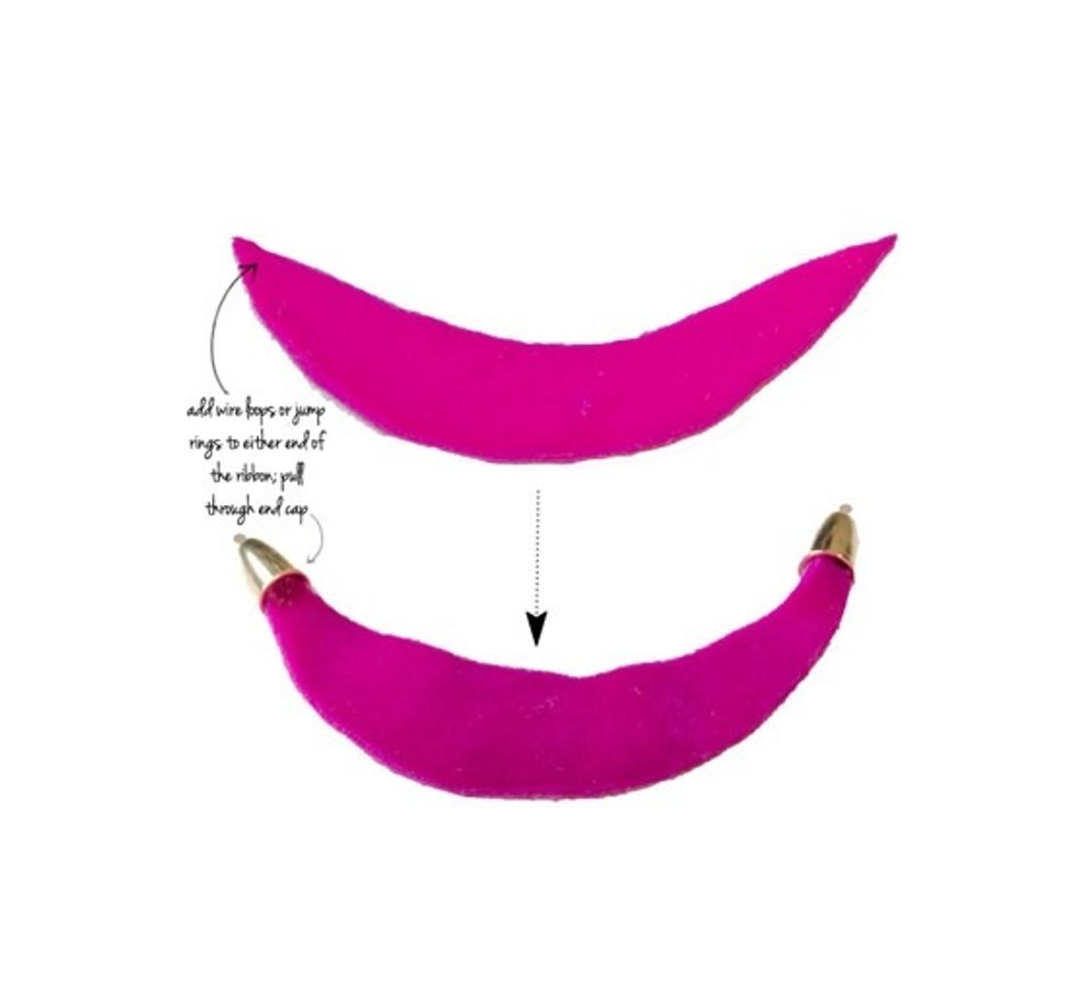 Cut your ribbon in the shape of a crescent moon. Once you have both crescents cut and measured against your necklace, affix a piece of wire looped and knotted to either end. Pull through the end cap.