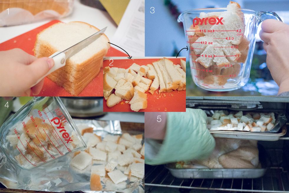 Cut your slices of bread into cubes enough to make 5 cups, and spread over a large baking sheet - baking for 5-7 minutes or until evenly toasted.
