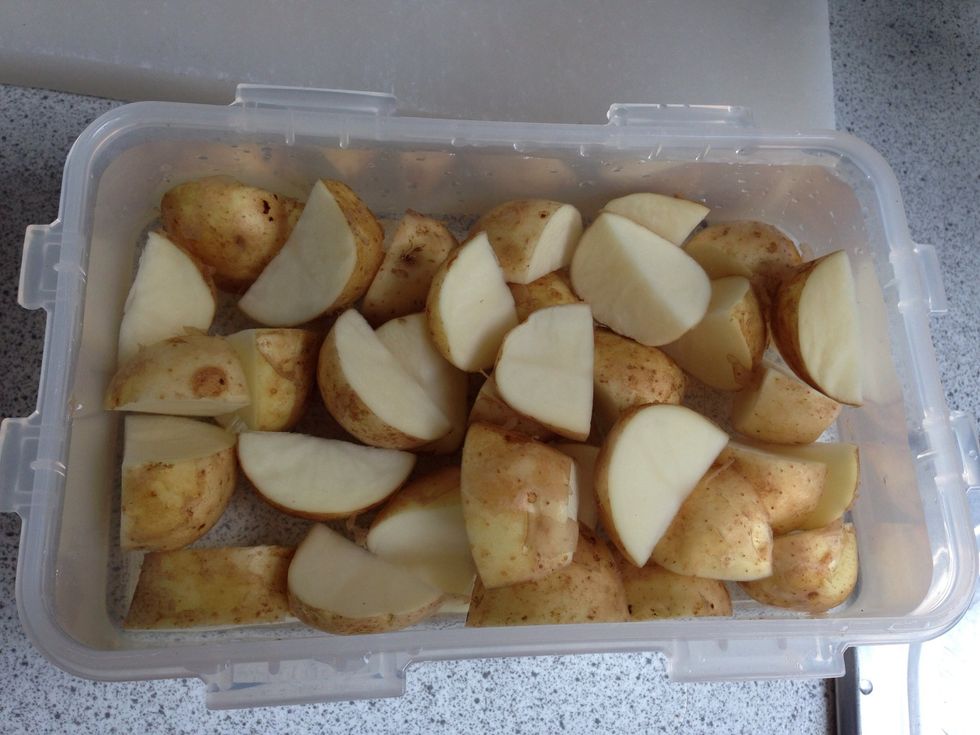 Cut your spuds into chucks of about 2cms and rinse. I kept the skin on mine mainly because I'm lazy \ud83d\ude1a but skin is always full of the good stuff anyway.