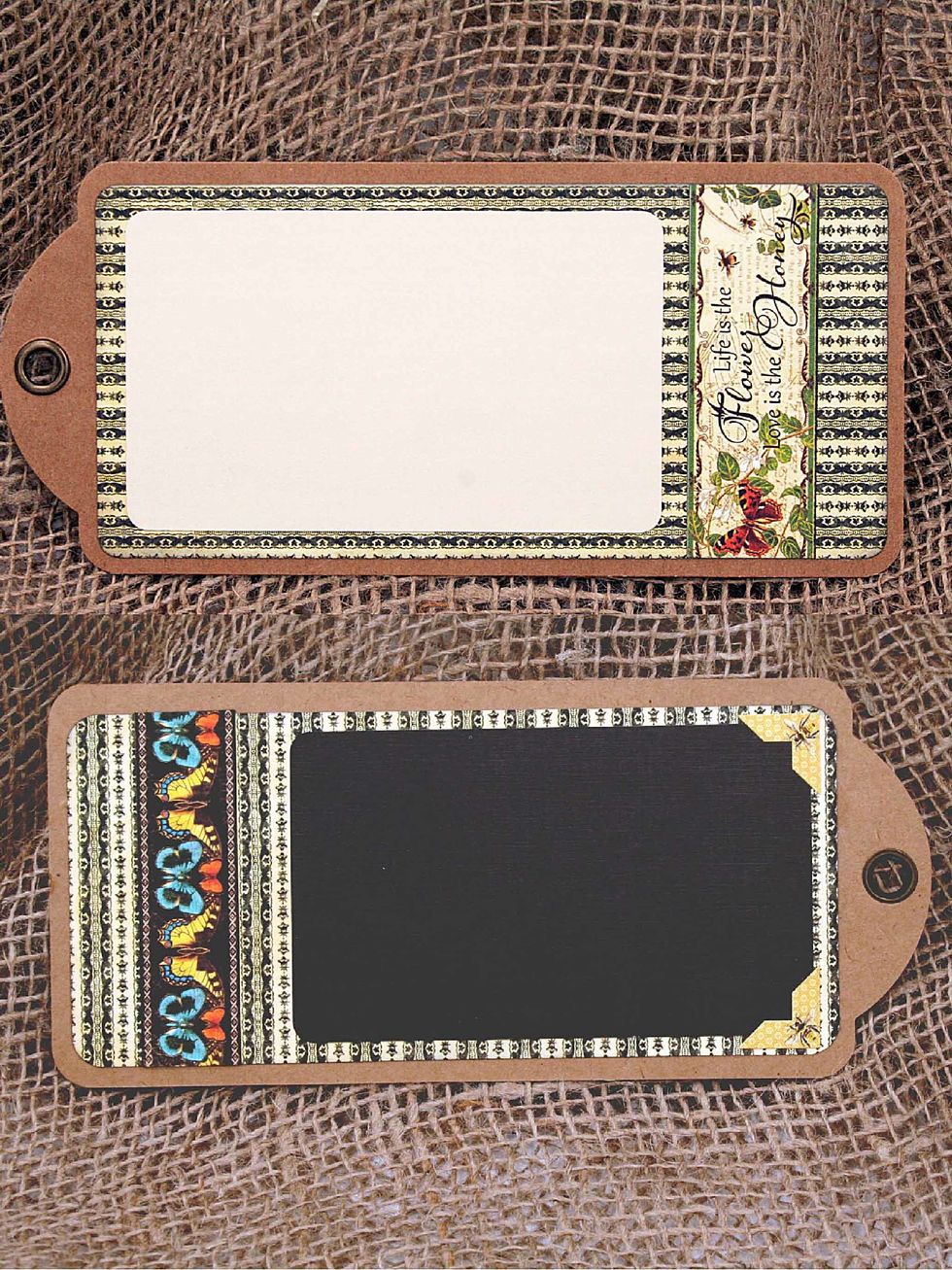 Cutt 2 rectangles 7 3/8" x 3 1/2" and glue to both sides of theshortened  tag.  Then add photo mats and embellished with a decorative strips and stickers.