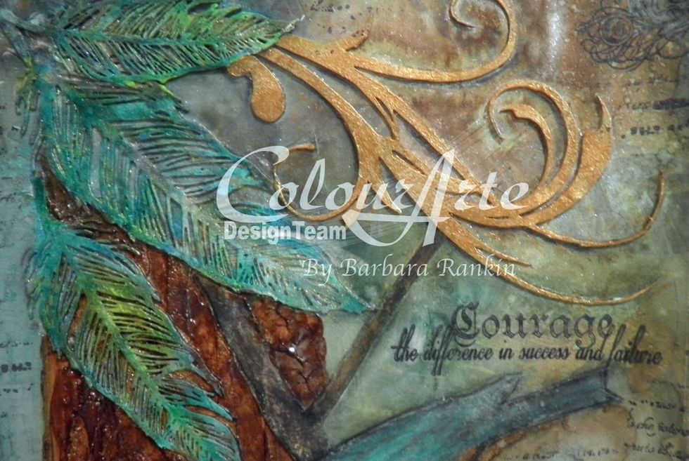 Dab ColourArte Mallard, Rich Cobalt, and Lime Green over chipboard feathers. Color the chipboard flourish with Emperor's Gold Radiant Gel. This color is so rich, not brassy like some golds.