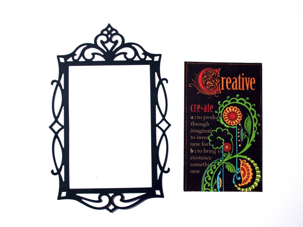 Dab embossing ink randomly on the Sizzix frame leaving some black space so to create an aged look.  (Sorry I didn't photo this part. )  The Creative cut apart fits nicely in this Sizzix frame.
