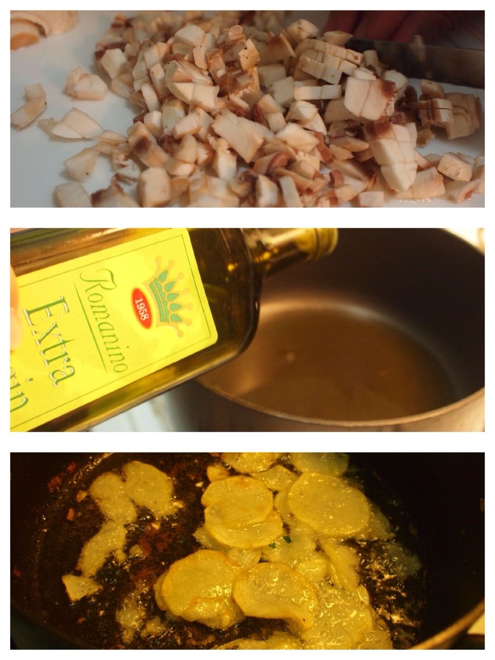 Dans une grande casserole, chauffer les champignons, l'ail et les pommes de terre. Ajouter du sel et poivre