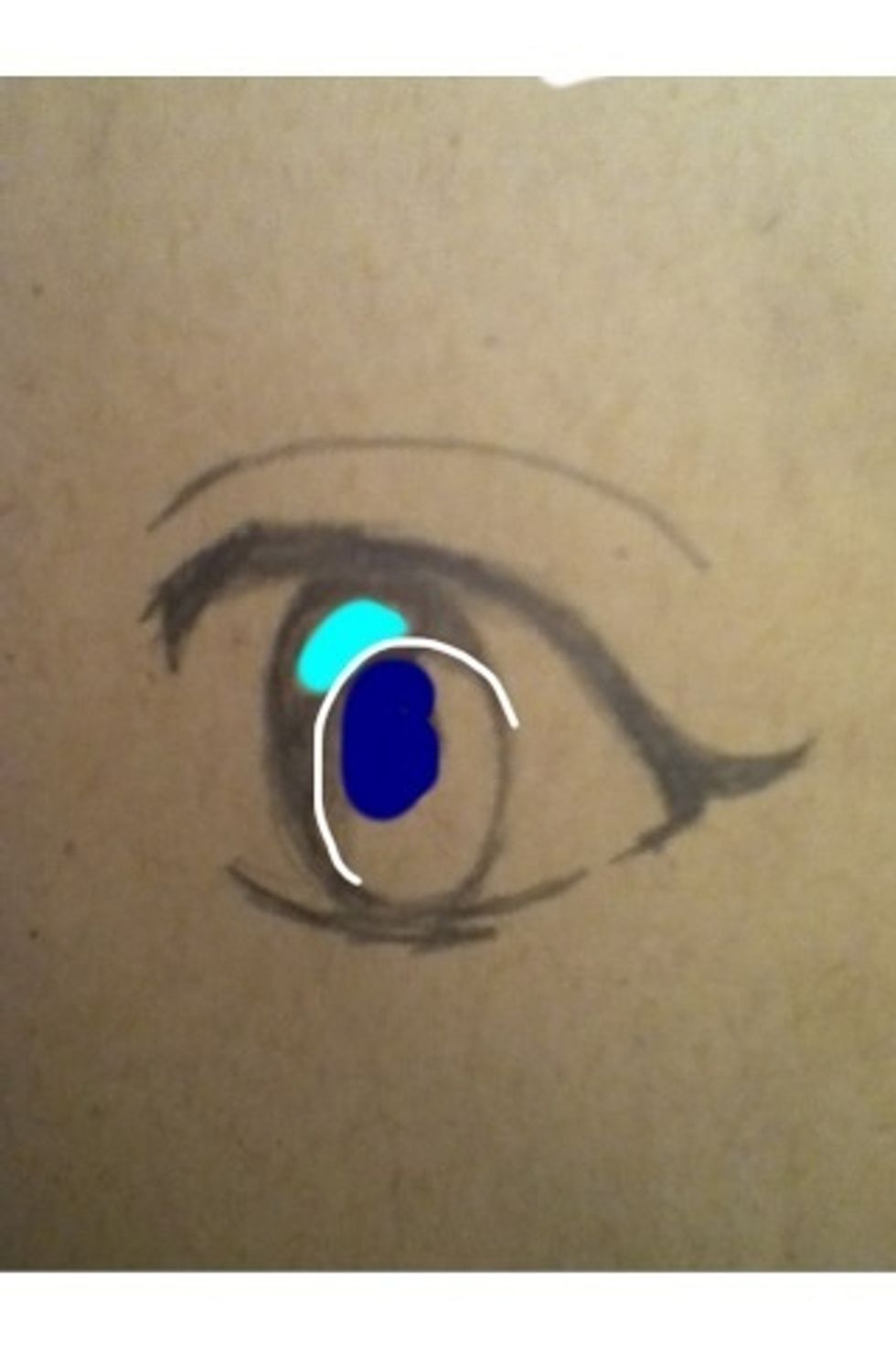 Dark blue - pupil, light blue - highlight, white line - point where the shading ends in the eye.