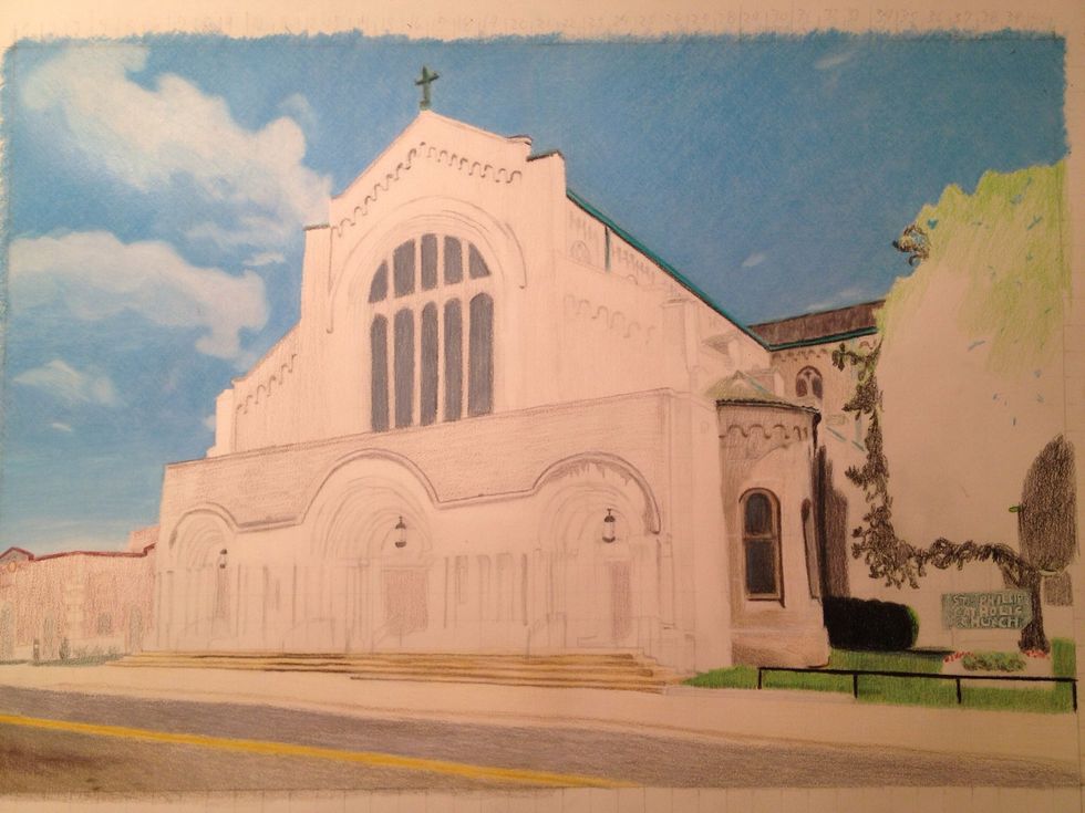 Darkened top of arches and added a couple shadows on the church by the tree and added building behind church on the left side