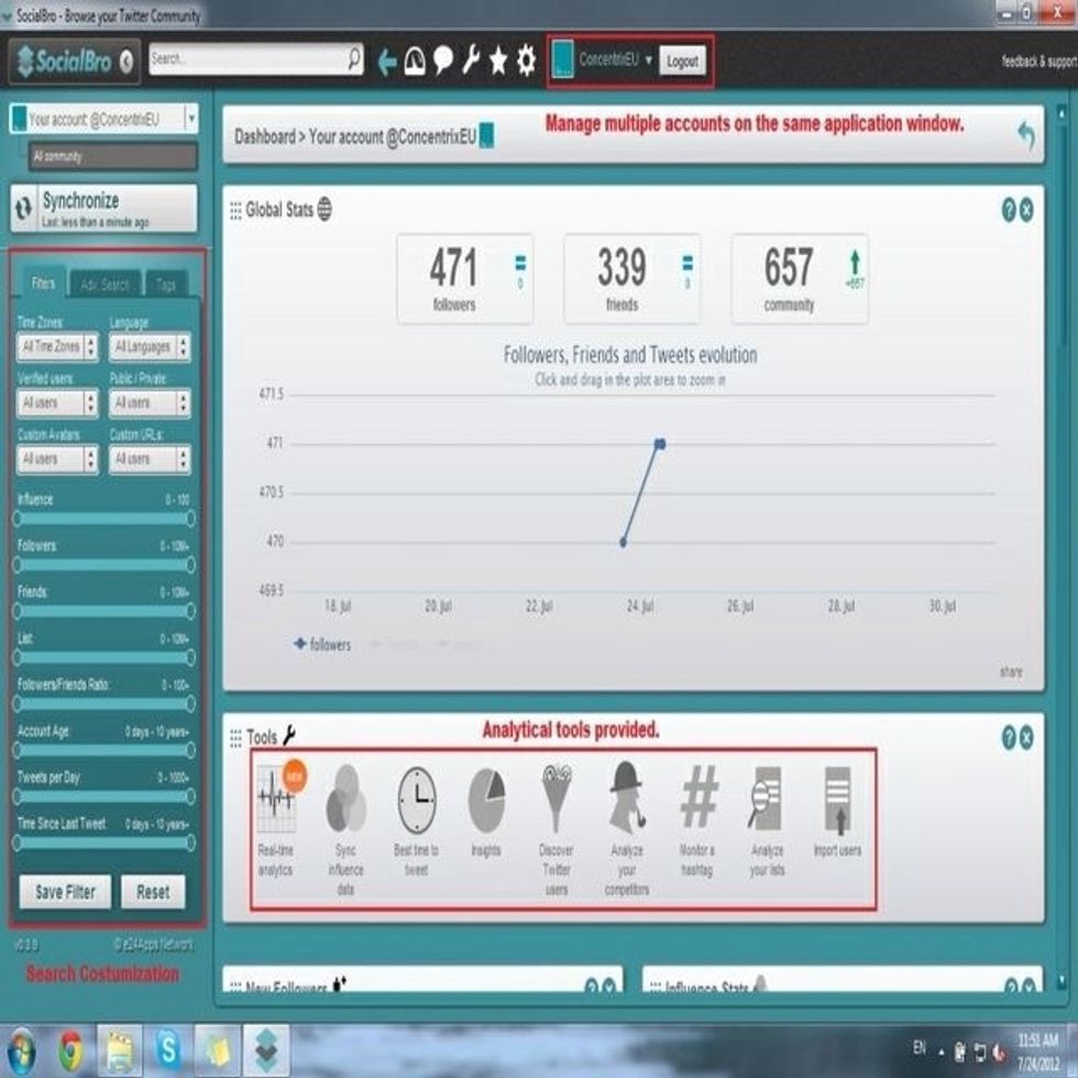 Dashboard of SocialBros.  You can add more than one twitter account on the same window.  They offer a wide range of tools  You can do a custom search of your twitter by using the sliders on the left.