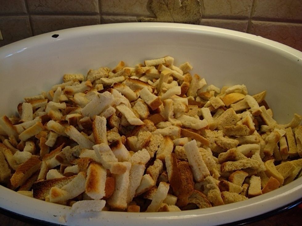 DAY BEFORE THANKSGIVING: Dump into large mixing container (I've had this tub for decades. Ninety years ago it was a baby bathtub in our family.)