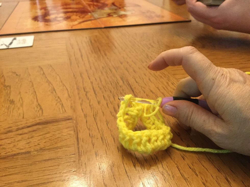 DC in second chain stitch and each remaining chain stitch 17 times for total of 18 DC. Slip stick through the 2nd chain of original chain 3 to finish the row.