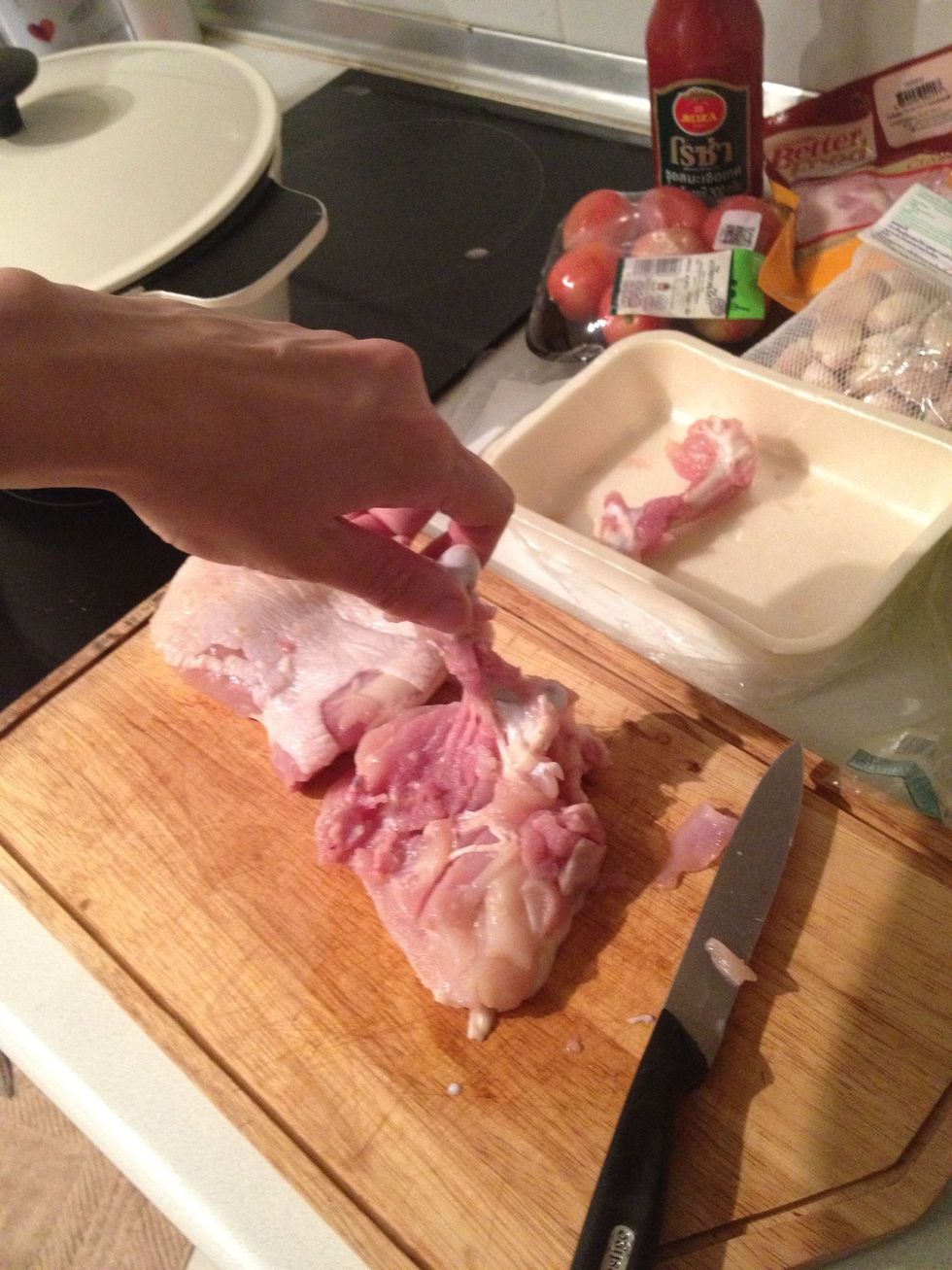 Debone chicken thigh. If you like leaner less fat meat, feel free to go for breasts.