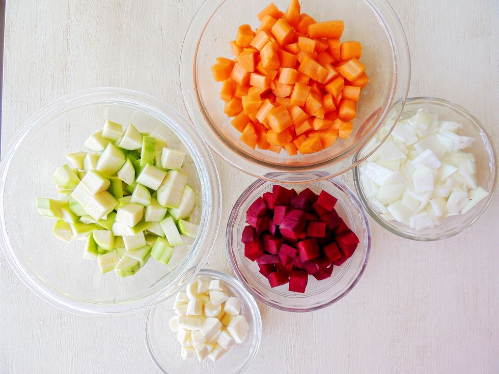 Decide on veggies to include. Bring color and flavor with the variations. We had zucchini, carrot, beet, parsnip and onions on hand. Turned out to be a beautiful and tasty combo.