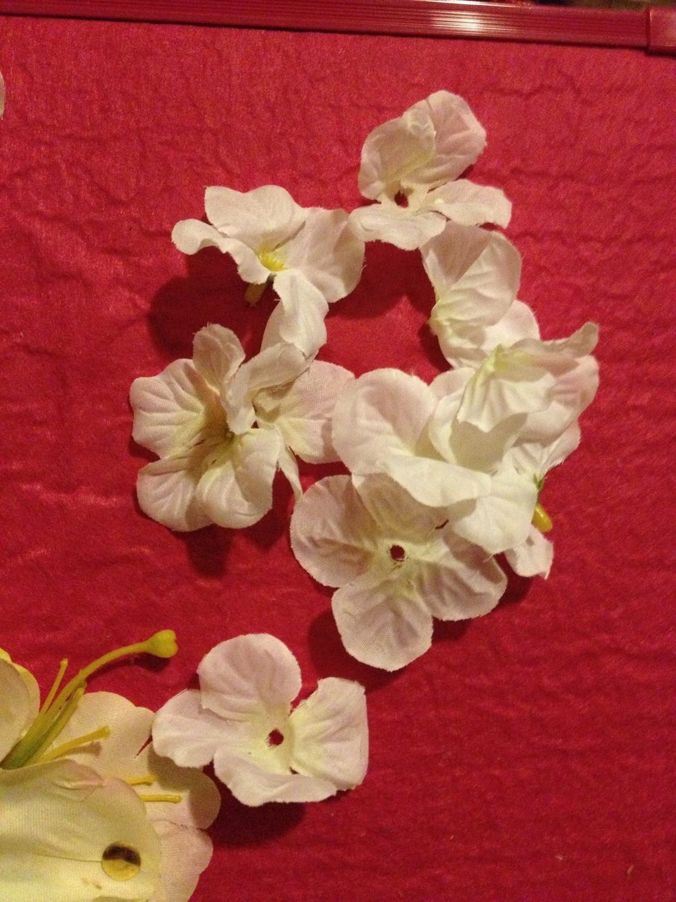 Decide which flowers you want to use first and pull them off the stem, they come off very easily so be gentle! ( I recommend taking out the middle part so you can put the thumb tacks there )