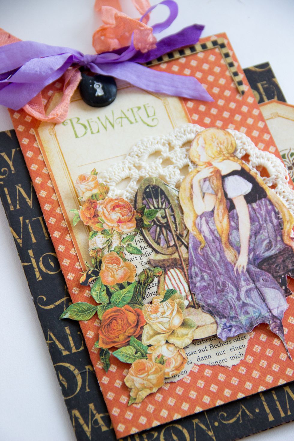 Decor a card with a tag, a princess, some roses and with a bow. You may add a tender knitted doily and book`s sheet.