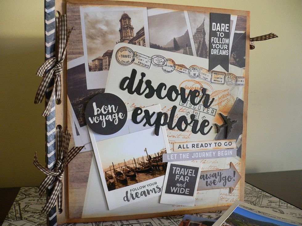 Decorate all the pages with Kaisercraft "Just Landed" paper collection, collectables, stickers, Polaroid frames, photos. Diecuts of words - Discover , Explore.