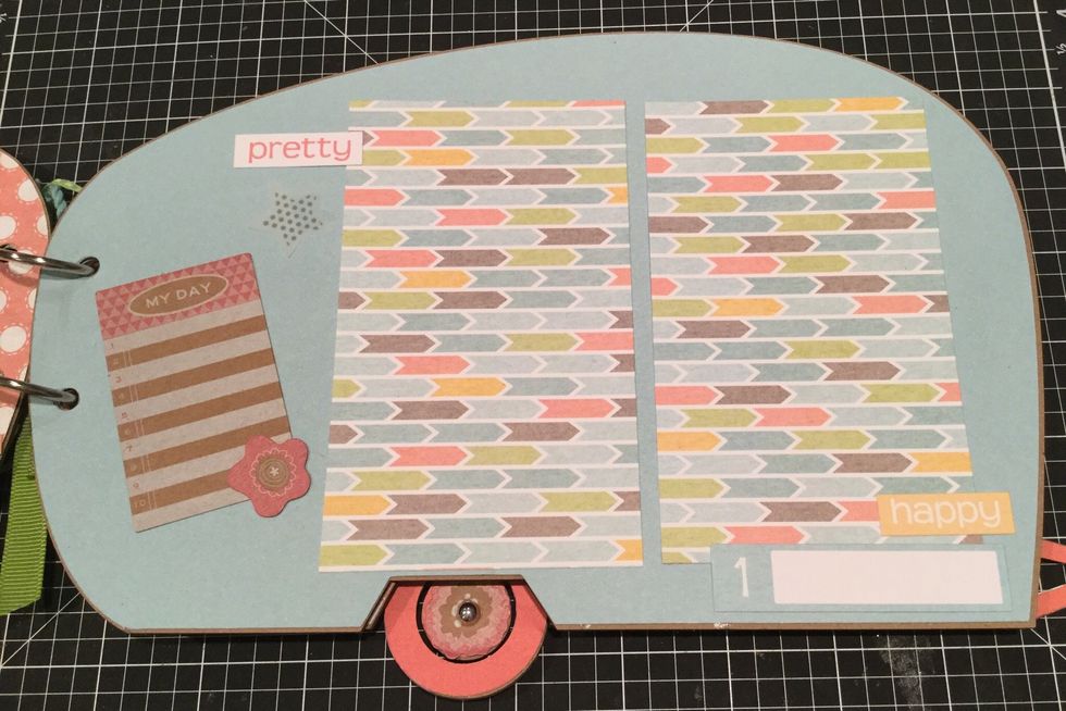 Decorate as shown. The Mats are cut from left over paper (cut these after you glue down all the camper shapes pages to chip board pages. The sizes of the mats are 3 x 5".