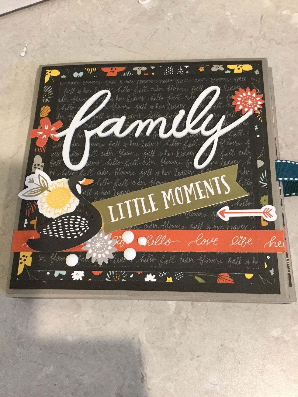 Decorate cover. Swan is popped up with 3 d tape. Use liquid glass for family.