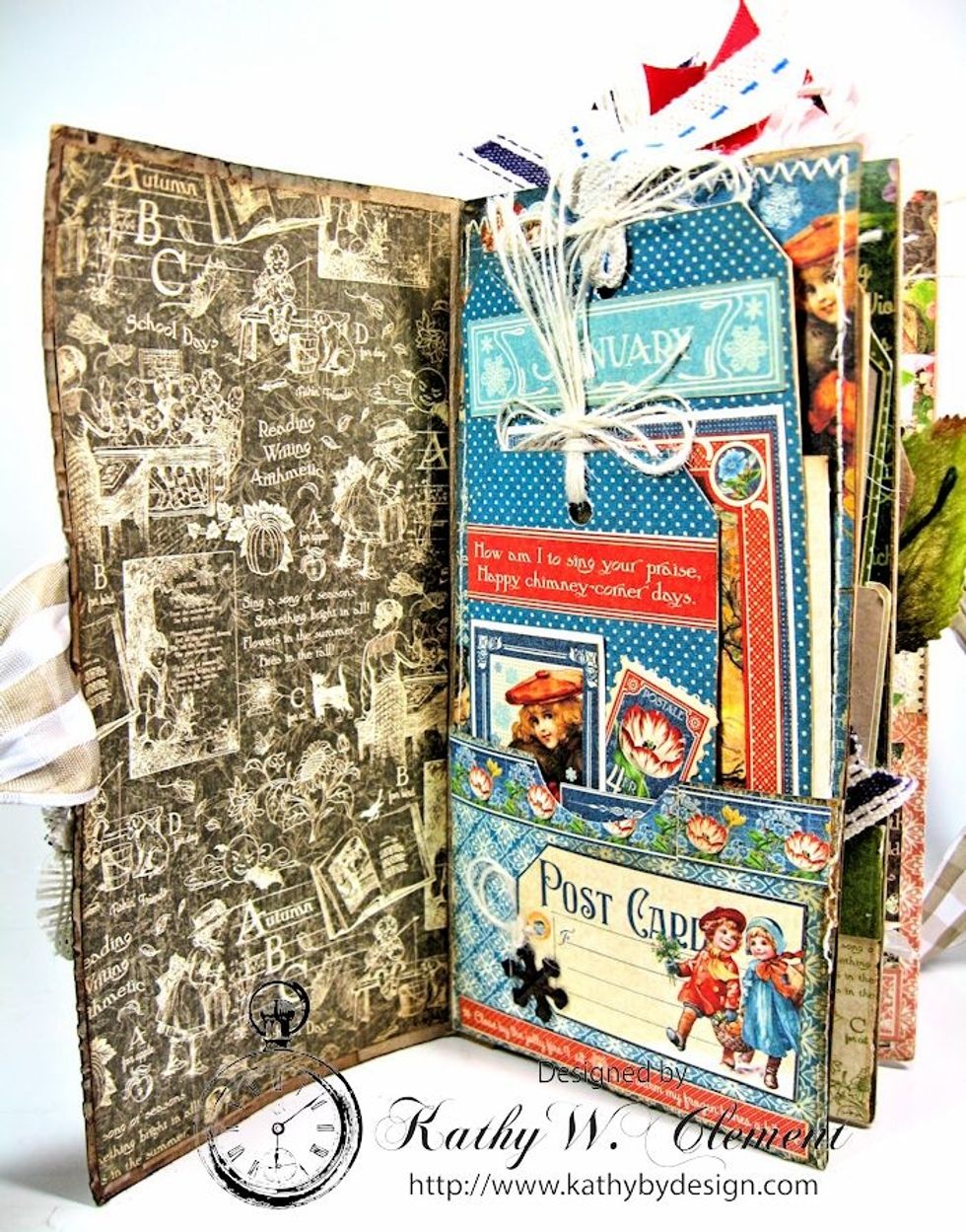 Decorate pockets, insert decorated tags and folded ephemera page into each pocket. Write monthly birthdays on ephemera tag. Use decorated tags on gifts or as birthday cards. Add ribbon/burlap string.