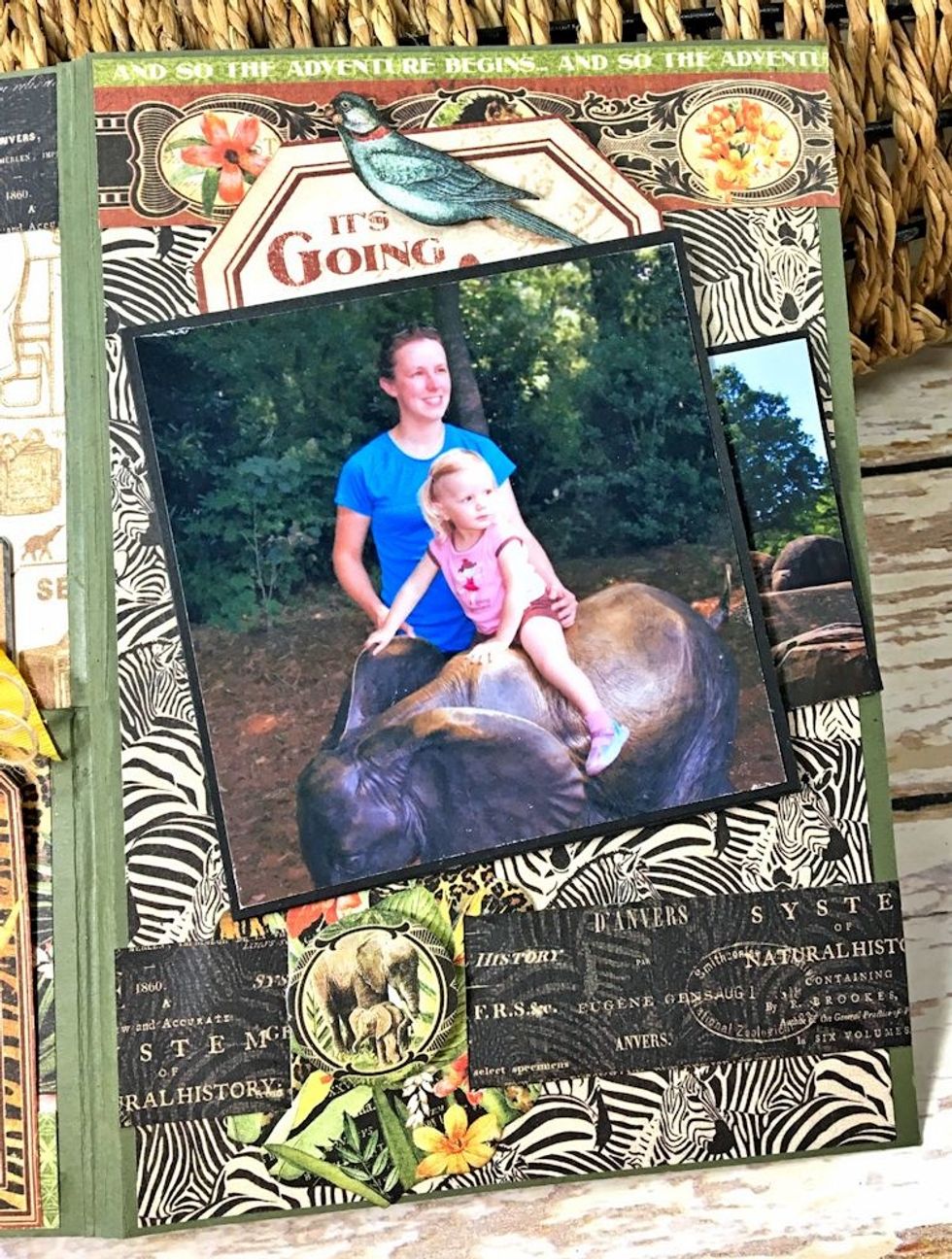 Decorate the far right inside panel. Create a 4x4 photo mount. Use small strips of foam tape to secure, leaving room for a pocket on both the top and the right hand side. Fussy cut tag for the top.