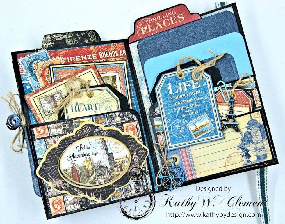 Decorate the inside of the 2nd pocket in the same way you did the 1st. It's loads of fun to pull out all these tags and postcards. But you can journal here, or add small photos to the backs.