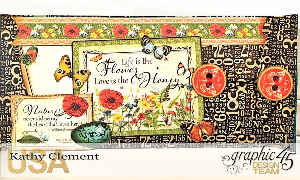 Decorate the right hand side with border strip, journal tags and fussy cut elements.  Make custom string closure buttons by gluing chipboard buttons over the top of the black discs.