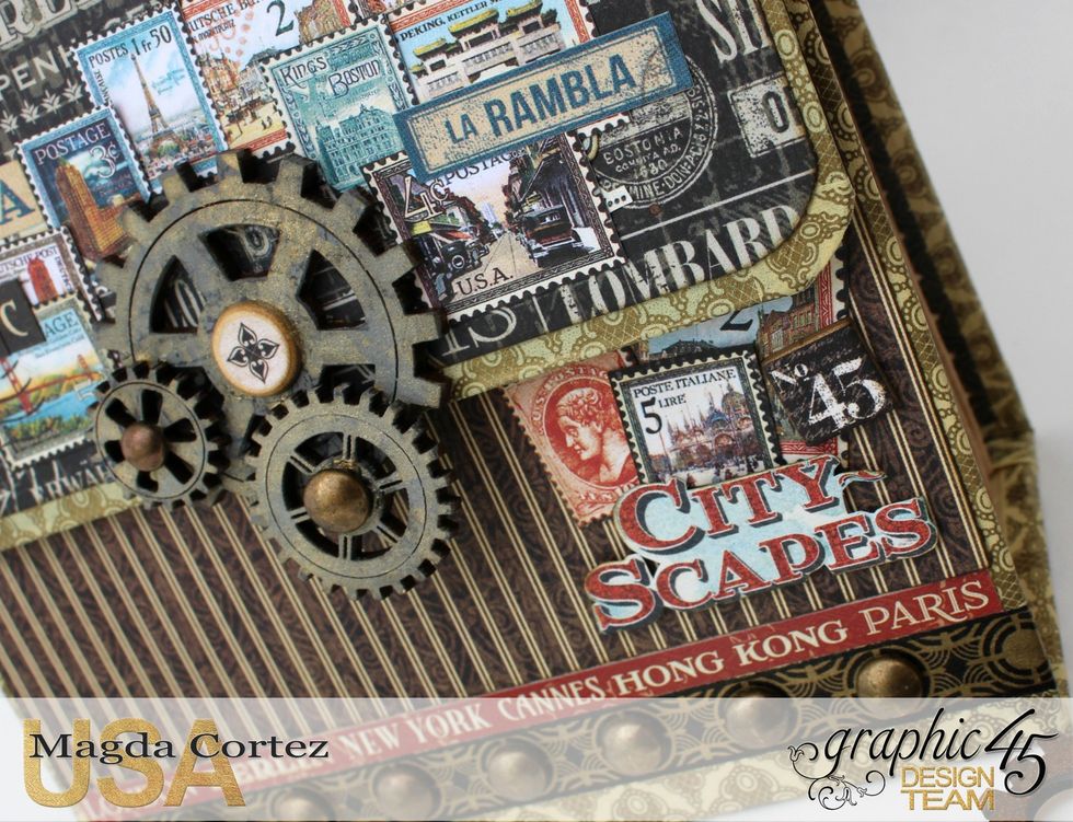 Decorate the Top Cover with the gears.. More Stamps from the Well Traveled page some stickers and Decorative Chipboards.