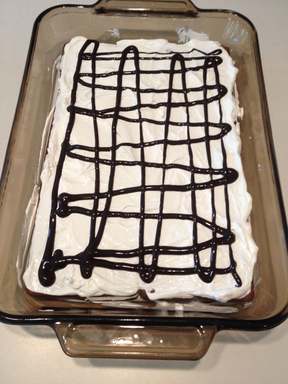 Decorate with chocolate syrup.