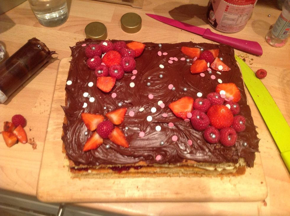 Decorate with fruit and anything else you like :) chill until you serve to keep it set