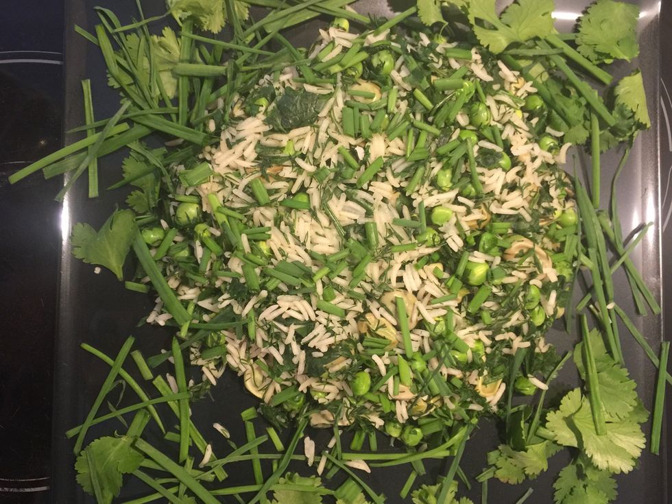 Decorate with more greens and serve with grilled white fish.. The Persian tradition. Or, with any fish. Or, just a rice side dish