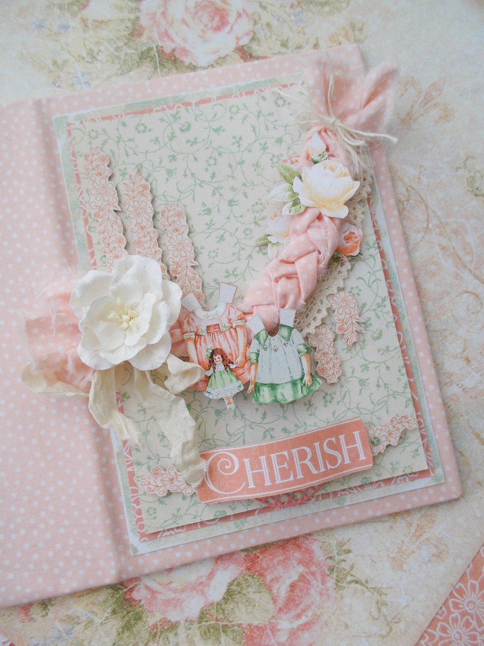 Decorated the cover with 1) fabric, 2) paper, 3)lace and ribbon, 4) flower.