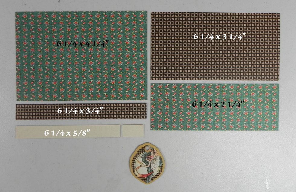 Decorating pages: For just full size mats, use the top two papers. For additional decorations as I did, cut out all pieces. The 6 1/4 x 5/8" piece is actually 6 x 6" and then cut.