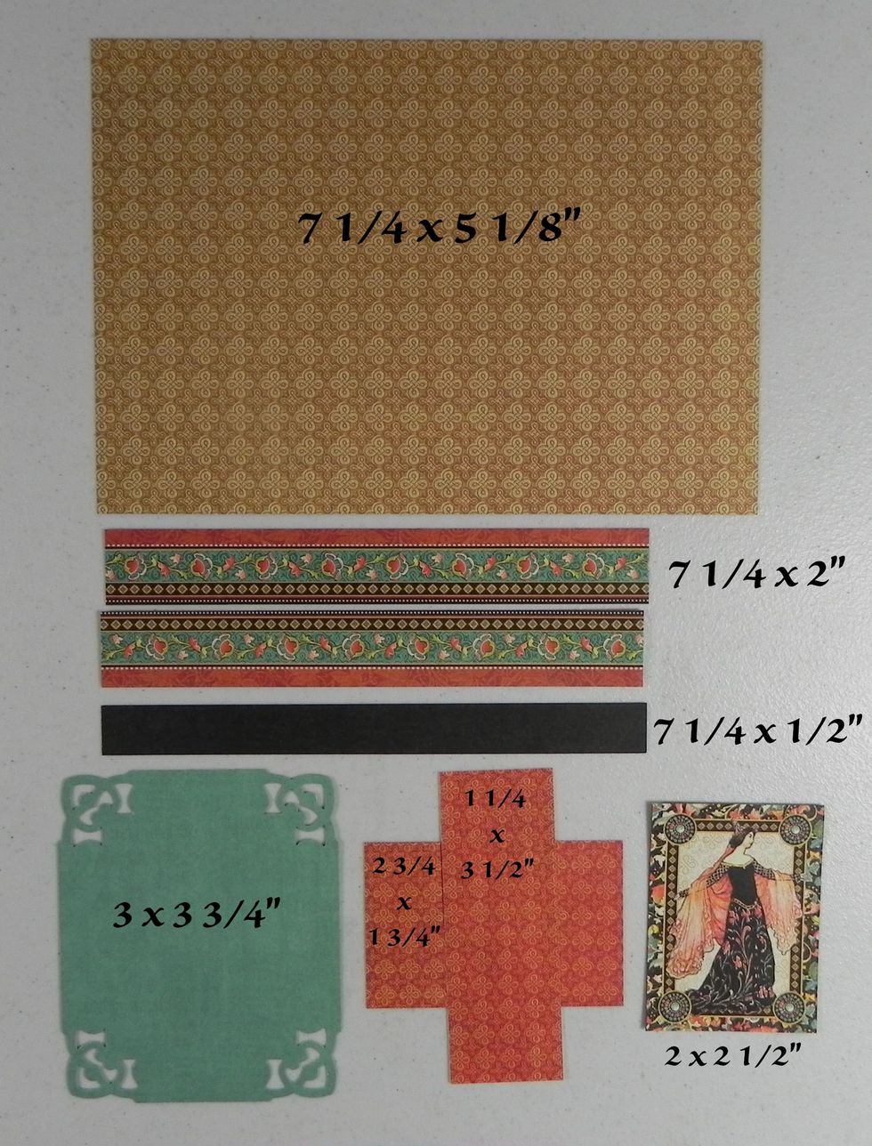Decorating the Front Cover using pattern paper. The 7 1/4 x 2" piece I used two pieces of paper. Punch the corners of the 3 x 3 3/4". The bottom 3 pictures get stacked together (see next 2 steps).