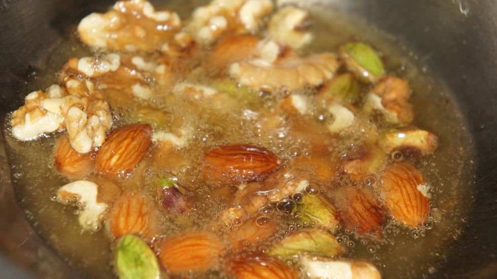 Deep fry dry fruits in ghee for 1 min in medium flame... Tip: take cow ghee for nice aroma...