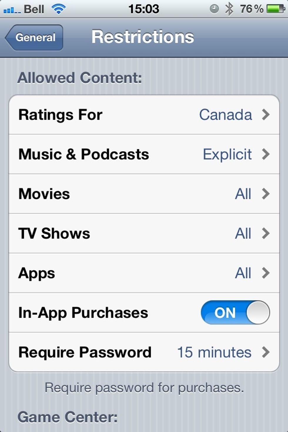 Default settings for iTunes account.