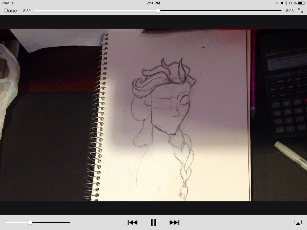 Define face and start eyes and nose. Think a water drop for the eyeball and make a two lines from the ear horizontal over.