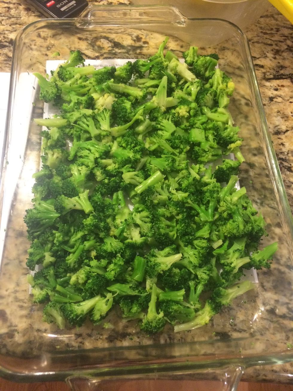 Defrost broccoli (& chop) add it to a 11X7 casserole dish that has been prepared with a non stick cooking spray.