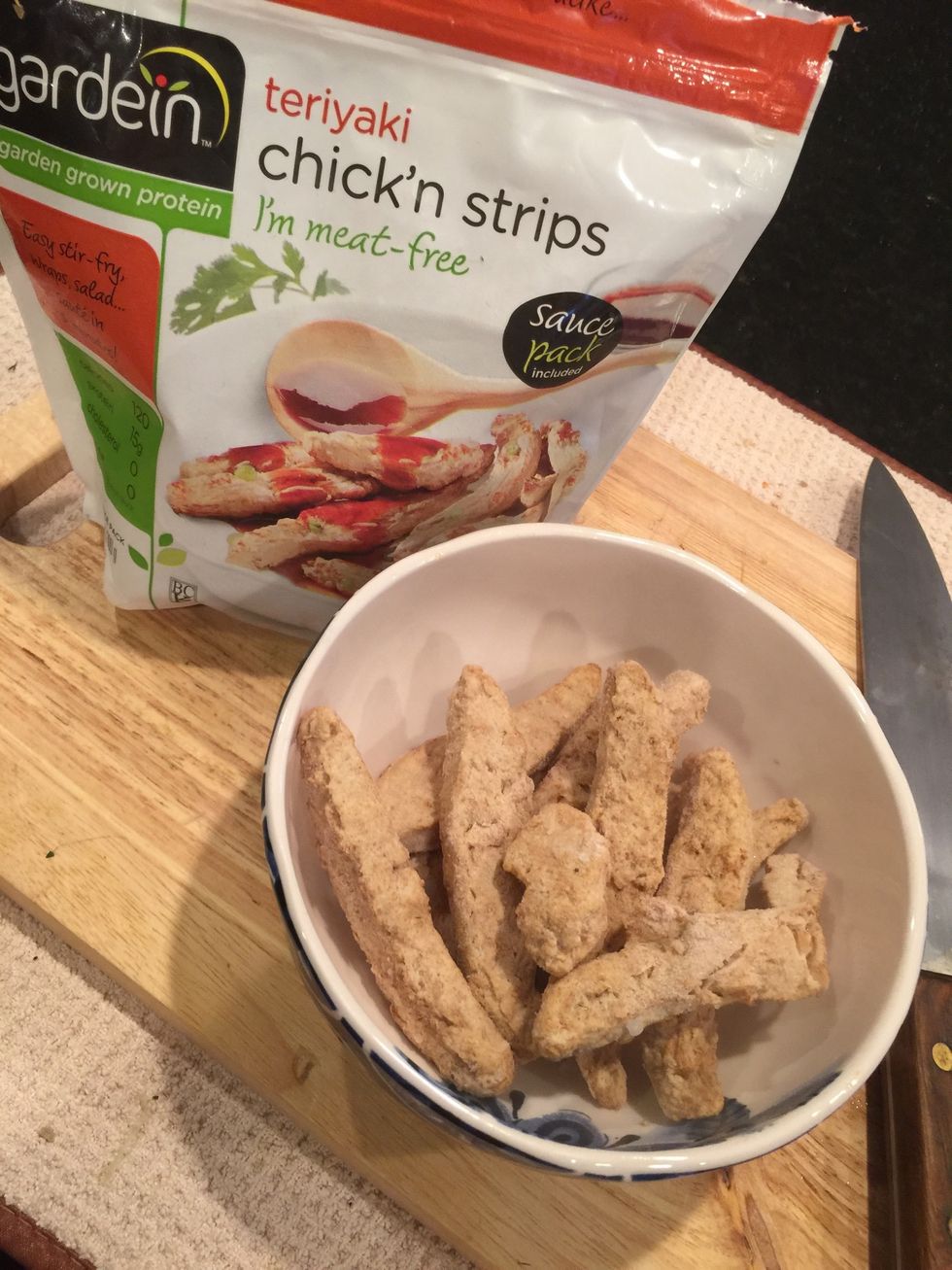 Defrost the faux chick'n strips.