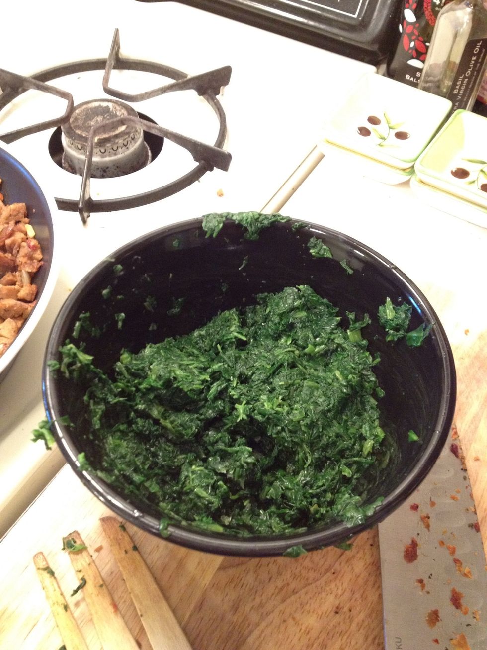 Defrost your spinach and drain completely. You don't want extra water in your mix.