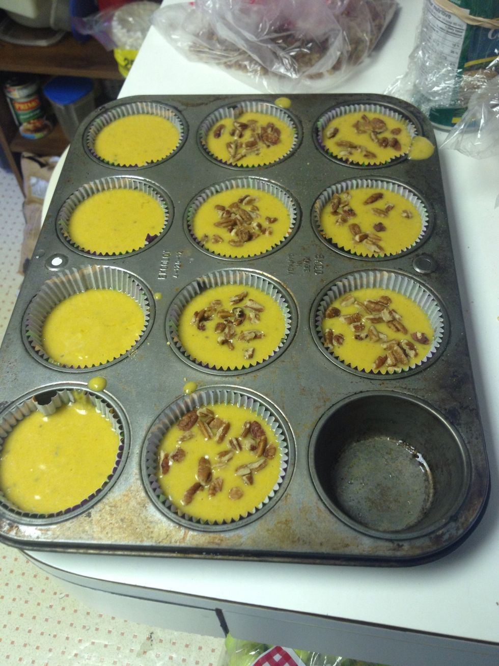 Delicious pecans sprinkled on top. I like to give people options, especially if there are allergies, so I left a few alone. I sprinkled a tinge of brown sugar on there too.