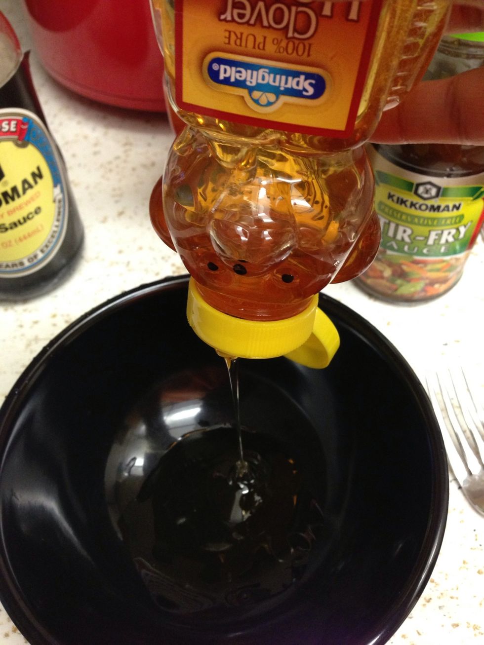 Depending on how much chicken you are cooking, pour desired amount into mixing bowl.