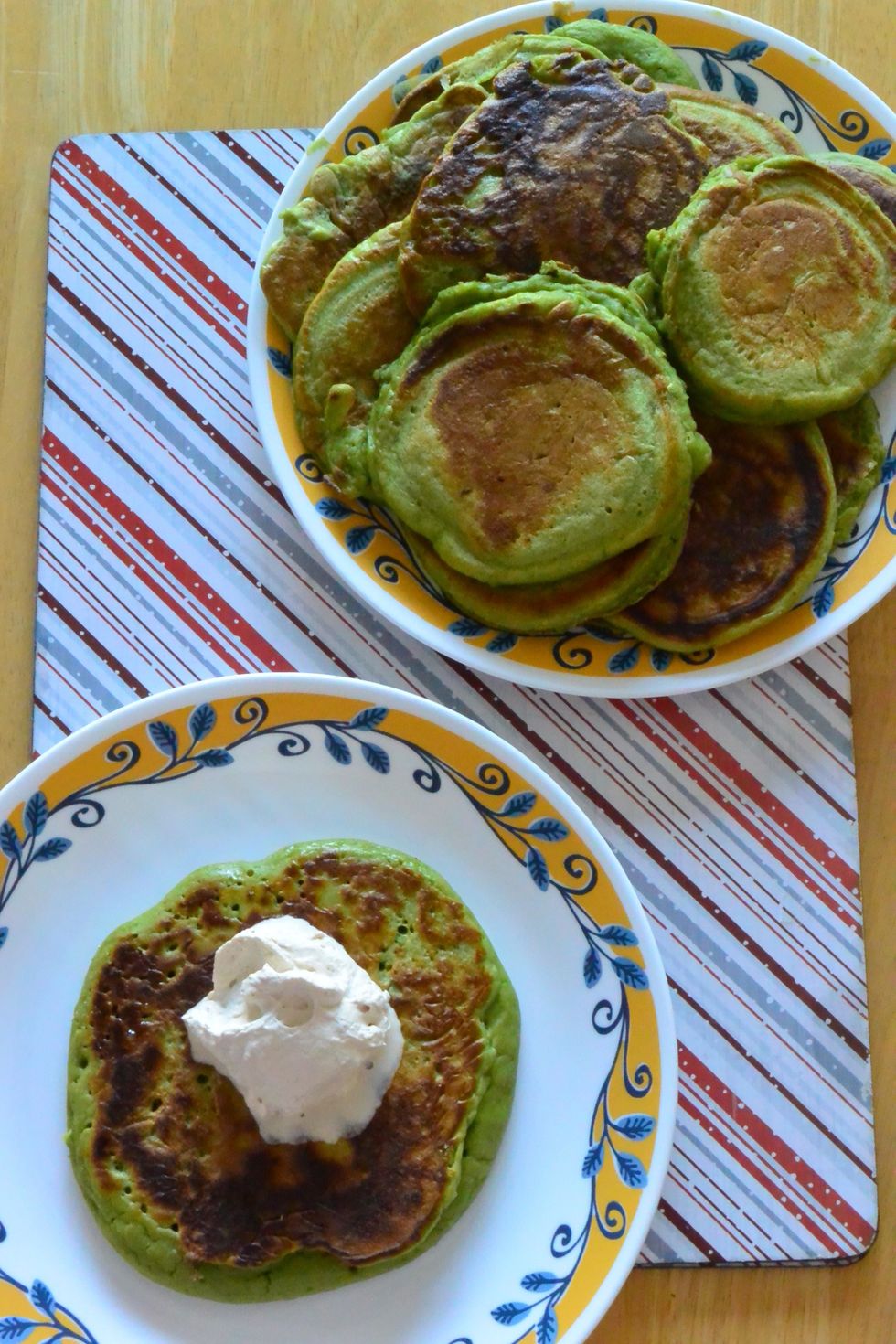 Depending on the size of pancakes, it takes about 5 minutes on both sides to fry on med-high. Top with tea-infused whip cream.