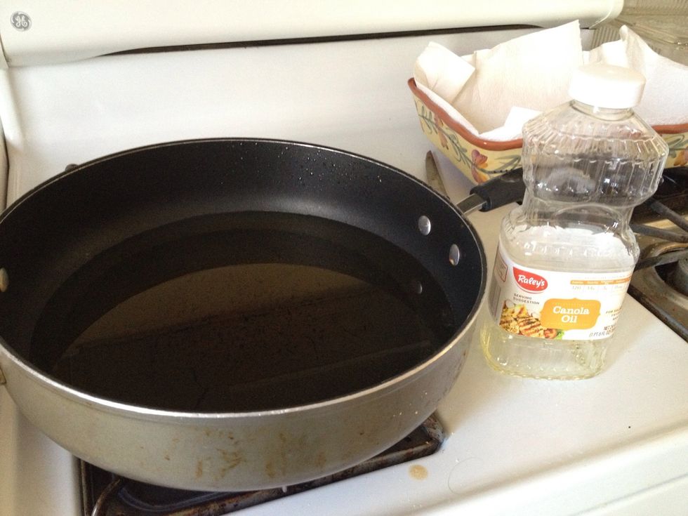 Depending on the size of your frying pan, pour about 3 cups of oil and turn heat to high/medium high. Wait 5-10 minutes or until oil is hot.