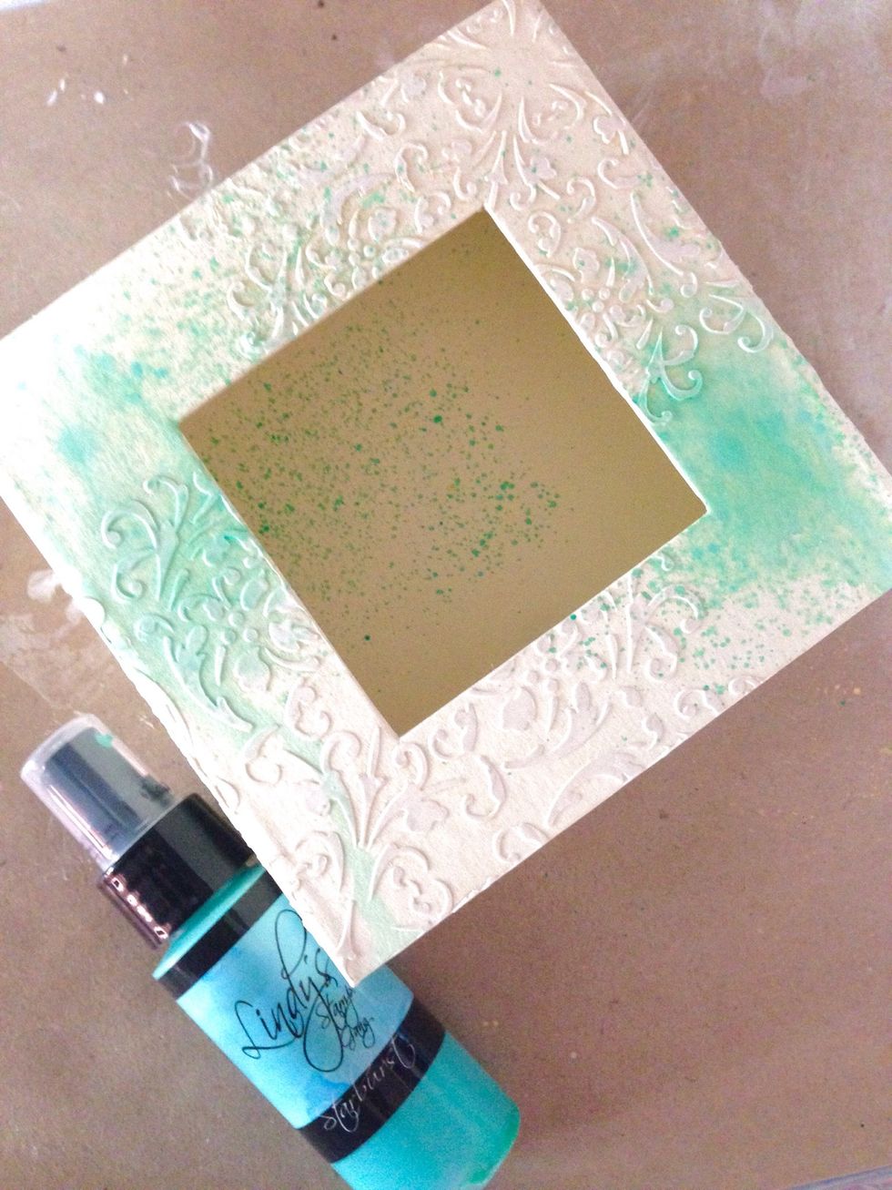 Depends on choice of colours, you will need at least 2 different blue shades for the patina effect... I'm using LSG Starburst in Tiffanylou Blue as a start... Spray randomly at corners of the box...