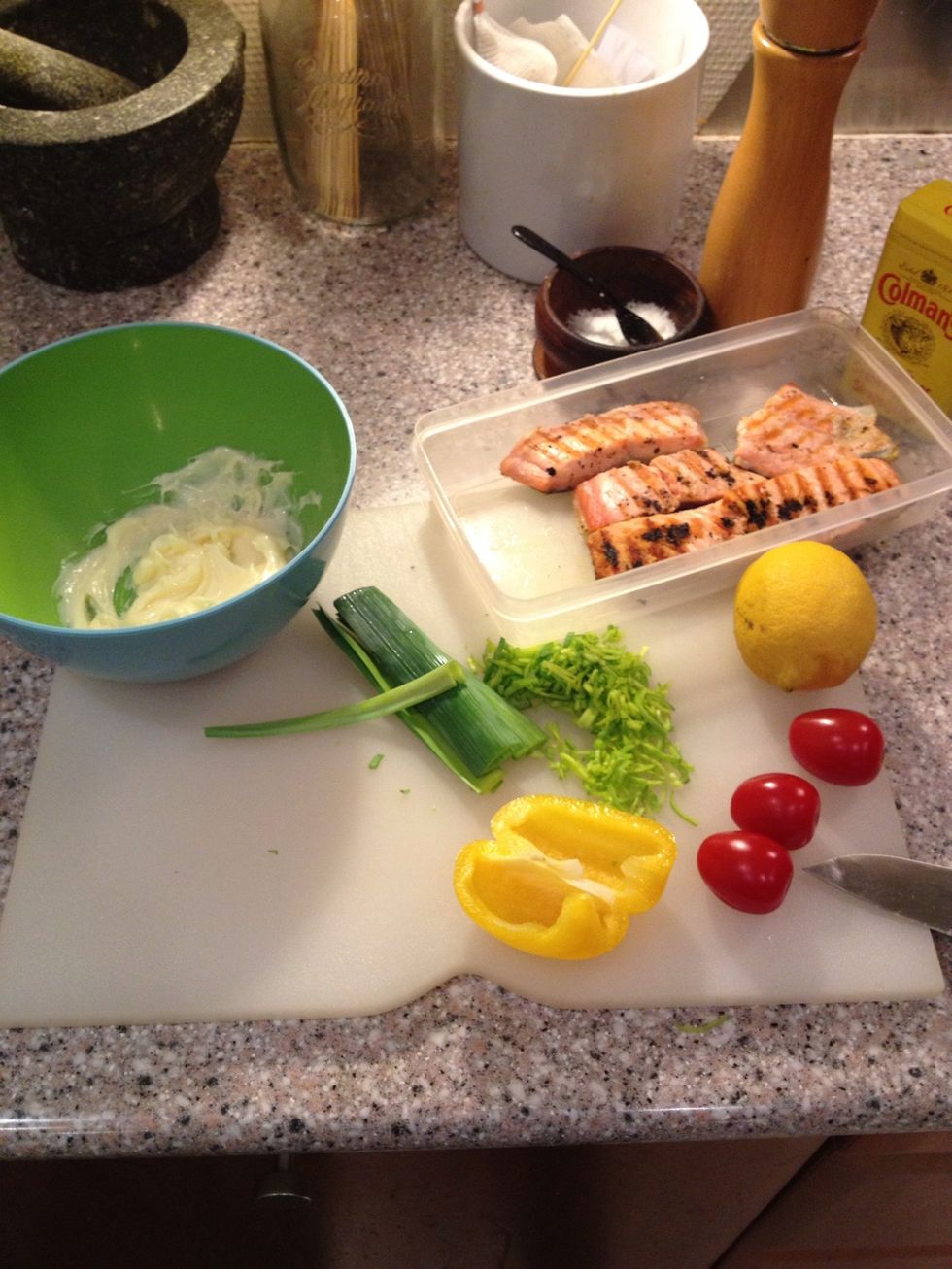 Deseed the tomatoes, chop everything fine. Save some of the leek and tomato for garnish. Stir everything together add salt,pepper, lemon zest and juice to taste. You can use any cooked fish.