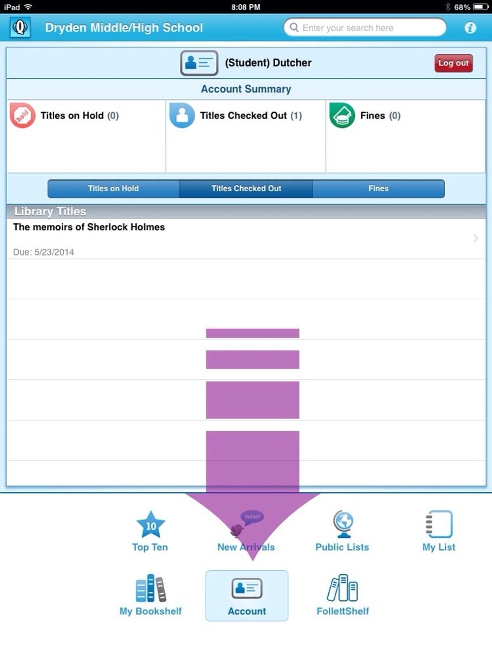 Destiny Quest, the account section will tell you what titles are checked out and when these items are due. Click on the title of the eBook to open it up.