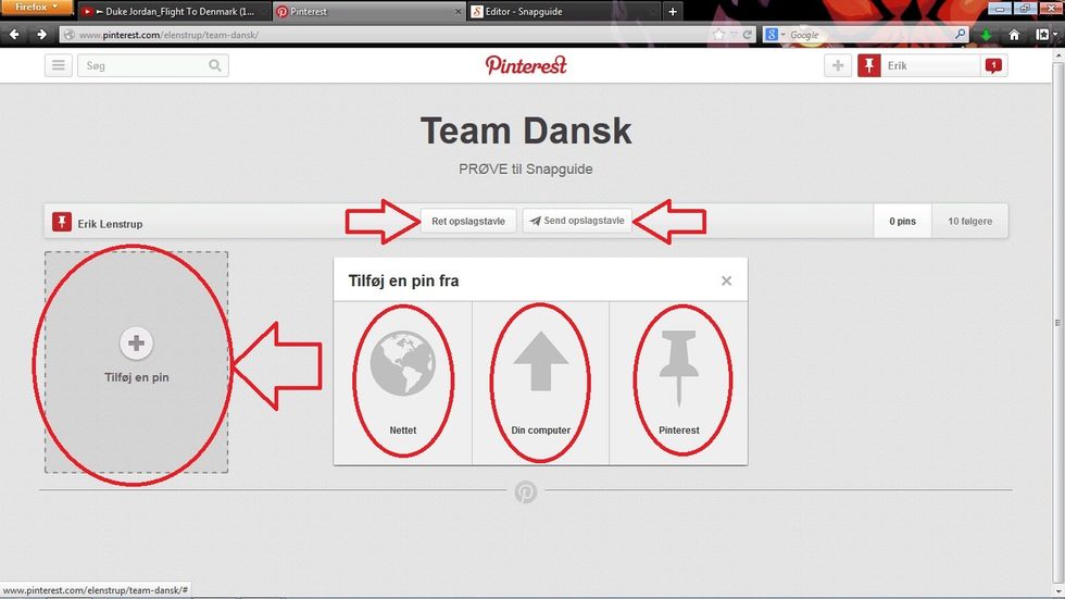 Det er muligt at rette og sende opslagstavlen, dette kommer jeg tilbage til. Tryk p\u00e5 "tilf\u00f8j en pin" for tilf\u00f8je noget til opslagstavlen. Tre muligheder dukker op, jeg pr\u00f8ver alle tre, f\u00f8rst nettet.