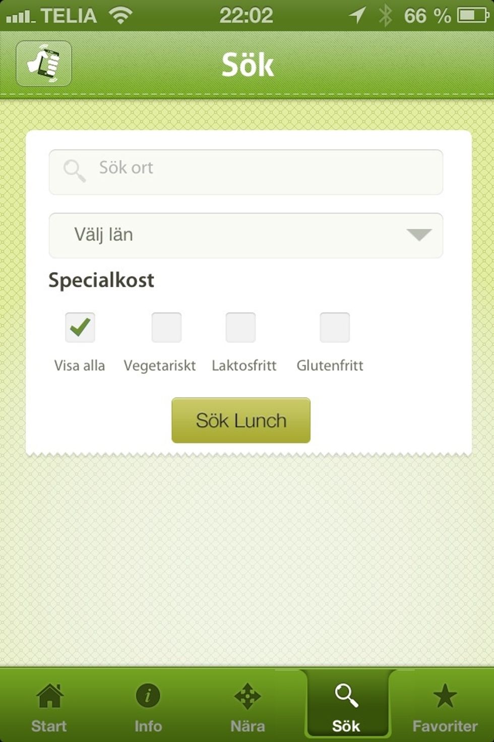 Det g\u00e5r ochs\u00e5 att s\u00f6ka en restaurang p\u00e5 en ort. Vill man se endast menyer med en eller flera specialkoster s\u00e5 g\u00e5r det ochs\u00e5 bra.