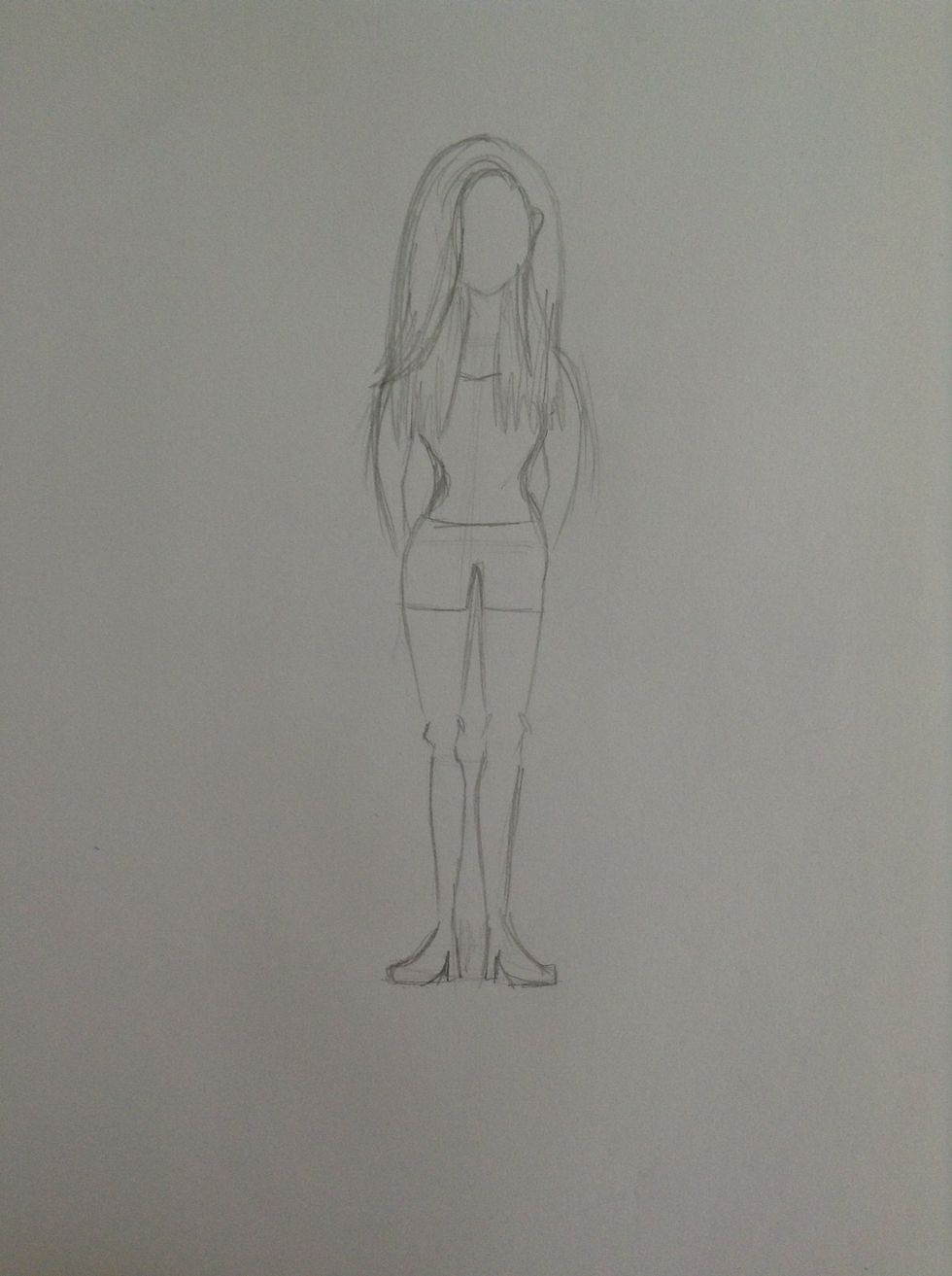 Detail the hair however you like. Then, outline your person's clothes.