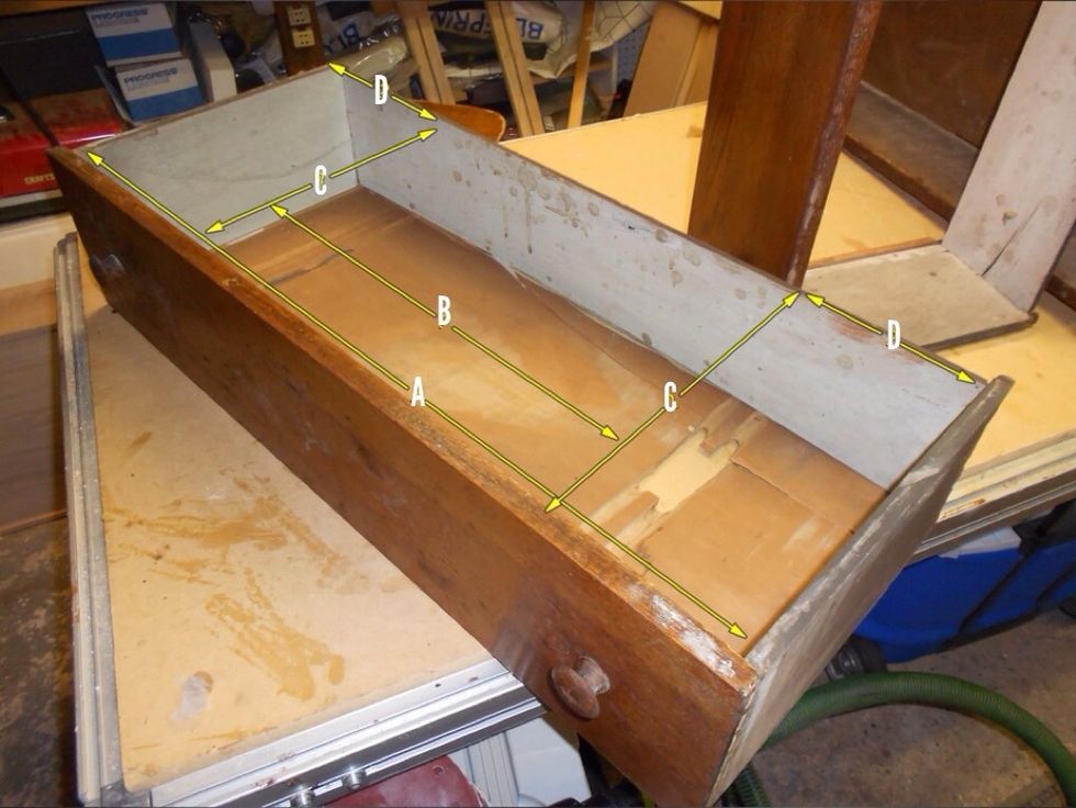 Determine the area between B, C, left and right. This is the open area in the drawers to accommodate the plumbing. The remaining area will be drawer space.