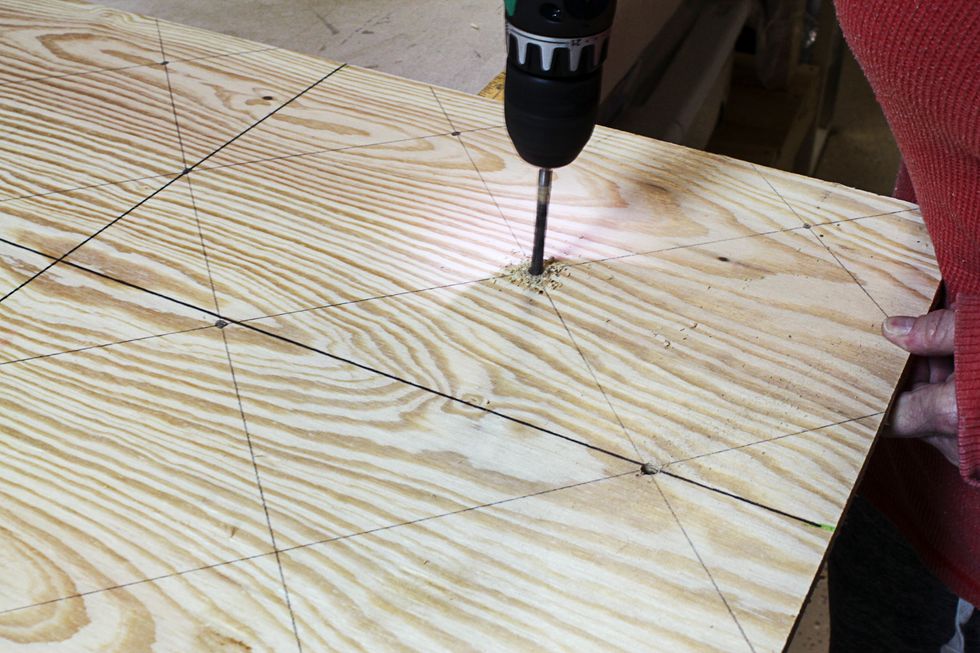 Diagonal lines should look like this. Drill holes in the corners of each square