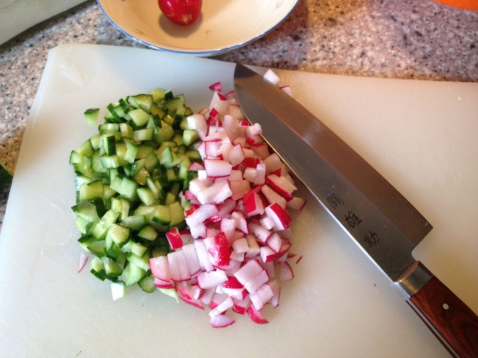 Dice cucumber and radishes